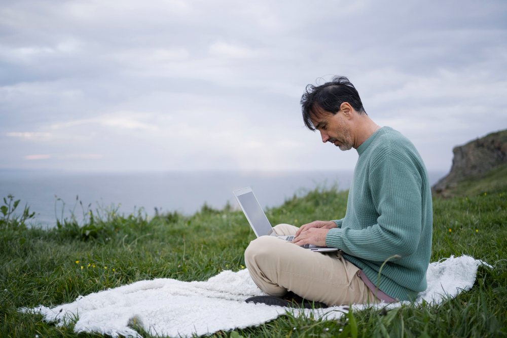 a guy using rural internet on his laptop