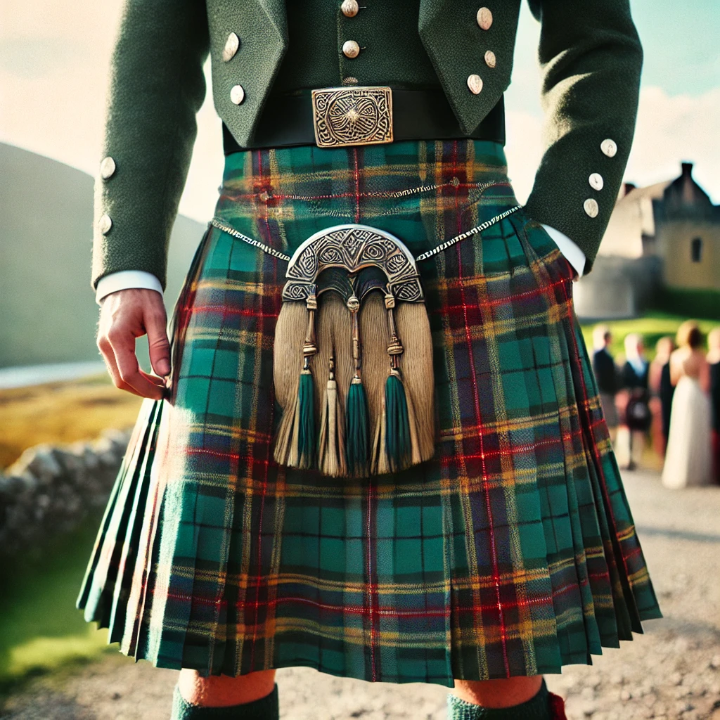 Man wearing a quality kilt in a traditional Scottish outdoor setting.