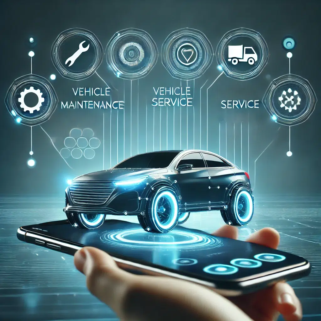 DALL·E 2024-12-13 22.33.36 - A futuristic car service app interface displayed on a smartphone screen, showing icons for vehicle maintenance, diagnostics, and service scheduling. I