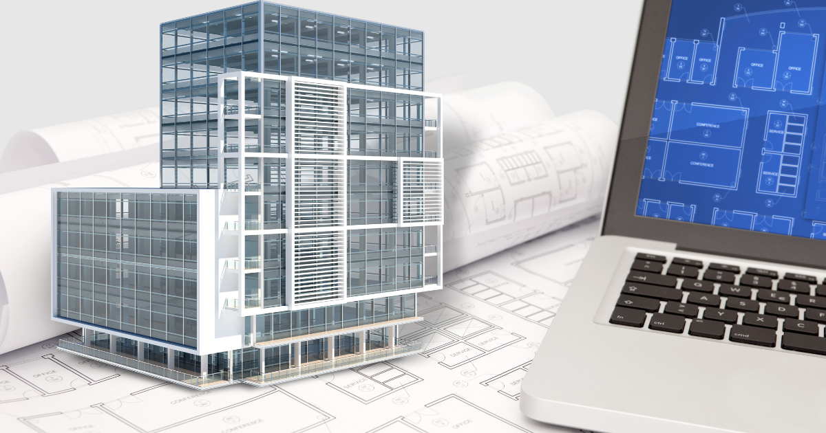 3D architectural building model on construction blueprints with CAD design displayed on a laptop – Digital drafting and architectural planning.