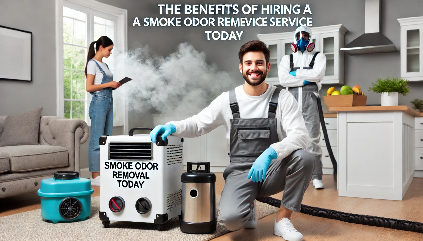 DALL·E 2025-02-27 17.32.08 - A professional smoke odor removal service team working in a home. The workers wear protective gear and use advanced equipment like ozone generators an