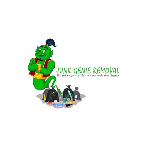 Junk Genie Removal logo featuring a green genie wearing a red and yellow vest, standing with crossed arms next to a pile of junk bags and recyclable items. The text 'Junk Genie Removal' appears in green with the tagline 'You tell us your wishes and we make them happen.