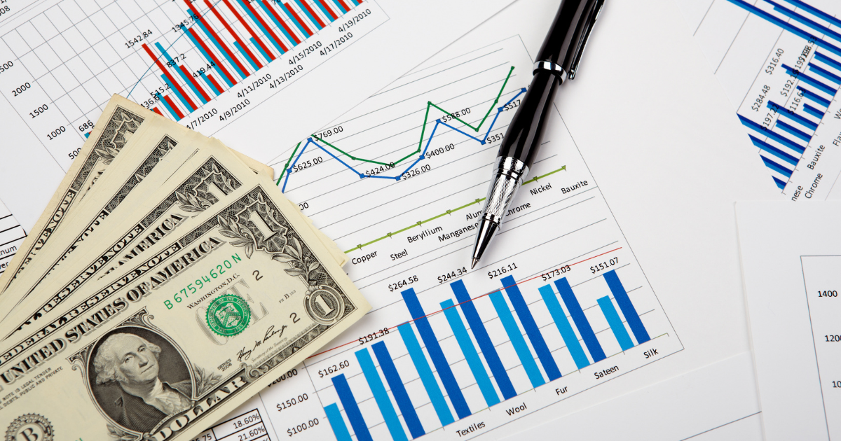 Financial analysis with US dollar bills, charts, and graphs showing commodity and textile price trends